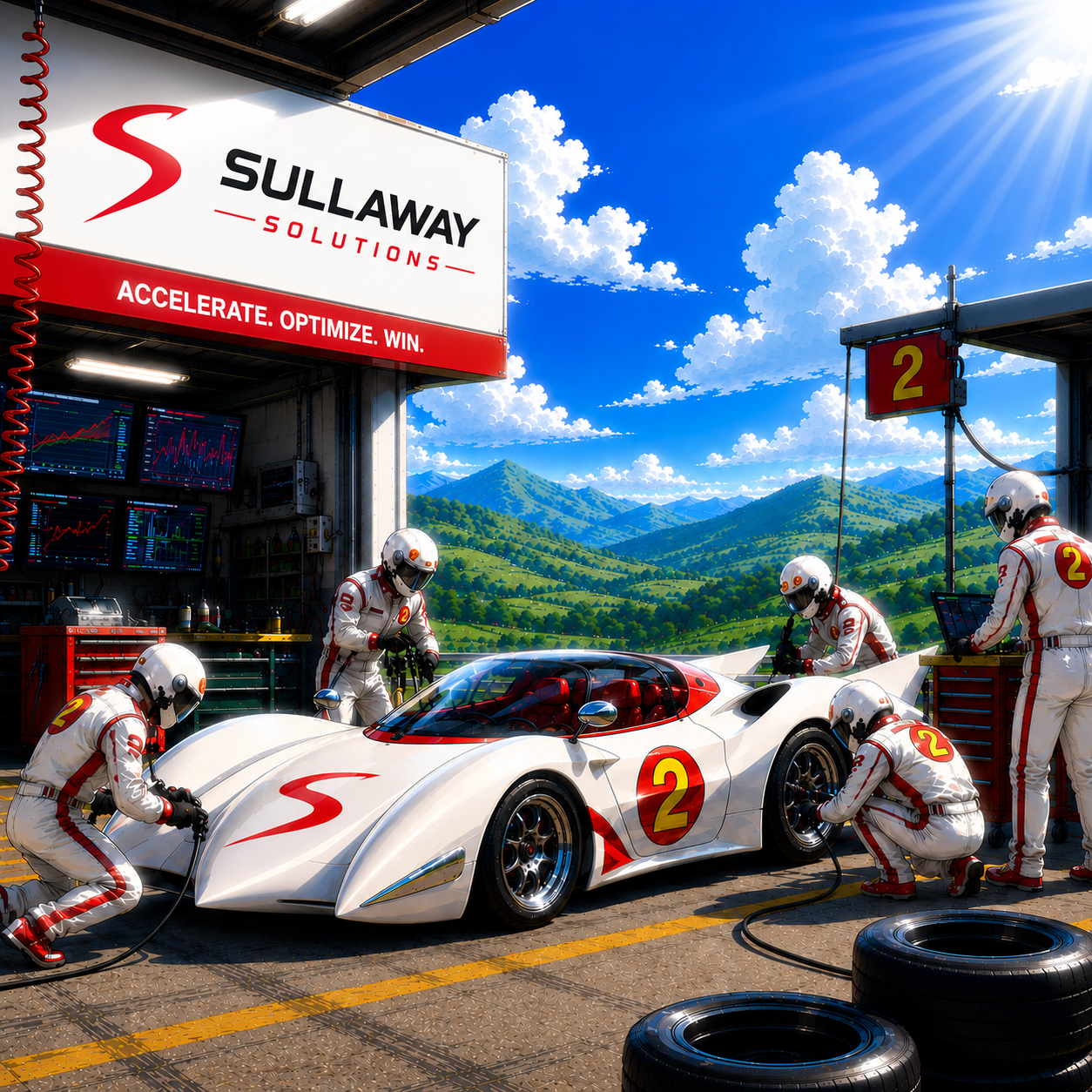 Pit crew working on a racing car